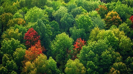 temperate deciduous forest, Autumn forest orange red ancient forest and pine carpet oak beech maple tree willow mysterious colorful leaves trees nature changing seasons landscape Top view background - obrazy, fototapety, plakaty