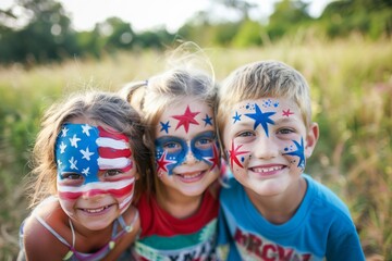 Happy Children with Patriotic American Flag Face Paint