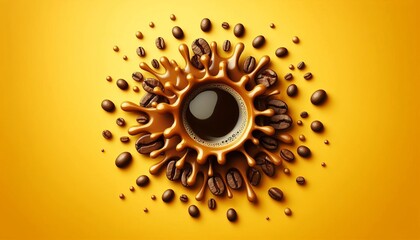A cup of coffee with a splash on a yellow background.