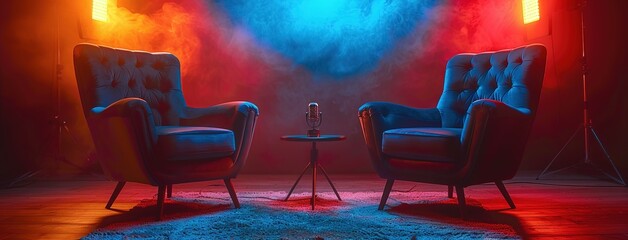 two chairs and microphones in podcast or interview room isolated on dark background. recording studio.