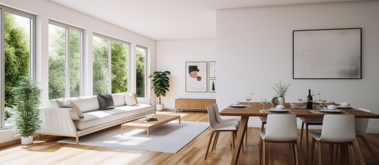 A spacious living room in a modern house is filled with furniture, including a comfortable couch and a dining table, all bathed in natural light pouring in through numerous windows and a glass door.