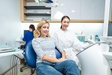 Portrait of Caucasian woman patient and dentist at health care clinic. 