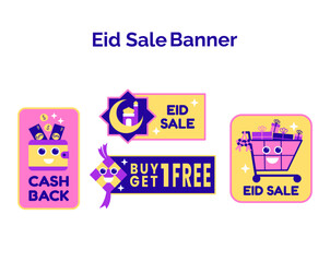 Ramadan Kareem and Eid Sale Design Vector. Suitable for Greeting Card, Poster, Stickers, and Banner. Ramadan  Eid banner elements, discount tag collection, special offer retro cartoon character style.