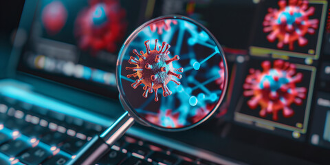 Laptop with magnifying glass and virus cells on blurry background 3D rendering,Coronavirus 2019-nCoV on laptop screen. 3d illustration - obrazy, fototapety, plakaty