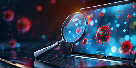 Laptop with magnifying glass and virus cells on blurry background 3D rendering,Coronavirus 2019-nCoV on laptop screen. 3d illustration - obrazy, fototapety, plakaty