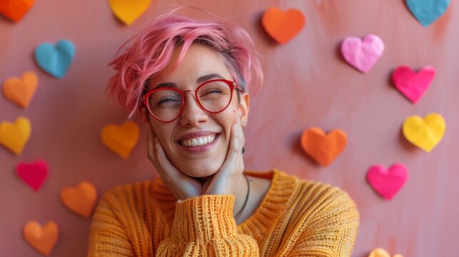 A non-binary individual embracing their unique identity with confidence and pride, surrounded by symbols of love and acceptance