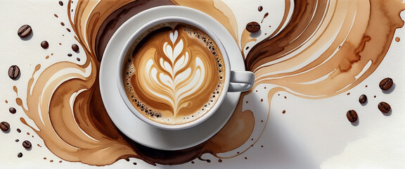 A cup of coffee with latte art. Expressing the strong aroma of coffee. Isolated on a white background. Coffee and beans.