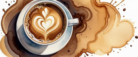 A cup of coffee with heart shaped latte art. The coffee stain spread. Illustration in watercolor style.