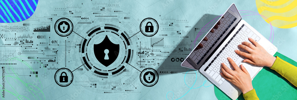 Poster cyber security theme with person using a laptop computer