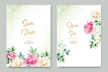 Fototapeta na wymiar wedding invitation card with floral roses watercolor 