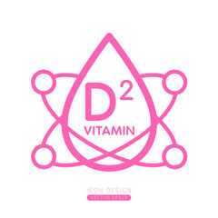 Vitamin D2 dropper icon pink with surrounding molecules form simple line. Isolated on a white background. Medical symbol concept. Design for use on web app mobile and print media. Vector.