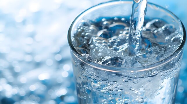 Water pouring into glass with ice cubes on blue bokeh background