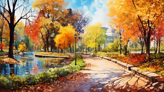 Watercolor of Autumn Scenic in the city