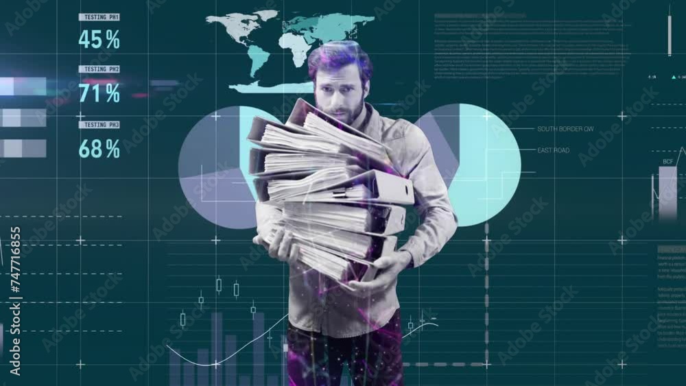 Poster animation of financial data processing and caucasian man holding files on dark background