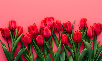 Fresh red tulips on pastel menthe light pink background,Generative AI 