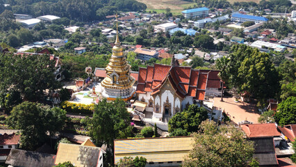 Top view of the large pagoda, which contains the sacred hair and relics of the Lord Buddha, is large, tall, beautiful, elegant pagoda that is revered and worshiped at Wat Phra That Doi Saket.