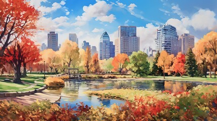 Obraz premium Watercolor of Autumn Scenic in the city