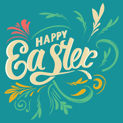 Fototapeta na wymiar Happy Easter banner with alphabet letters, egg and flower square vector illustration