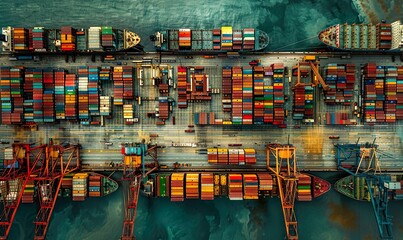 A aerial view  of an international port, the backbone of the modern economy, with cranes loading containers and constantly moving logistics.