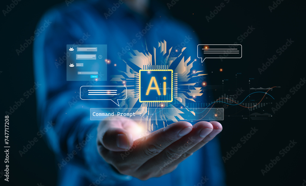 Fototapete Ai tech, businessman show virtual graphic Global Internet connect Chatgpt Chat with AI, Artificial Intelligence. using command prompt for generates something, Futuristic technology transformation.