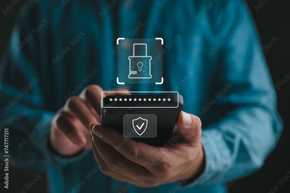 Poster cybersecurity and privacy concepts to protect data. lock icon and internet network security technolo