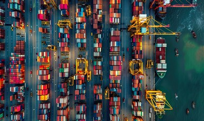Naklejka premium A aerial view of an international port, the backbone of the modern economy, with cranes loading containers and constantly moving logistics.
