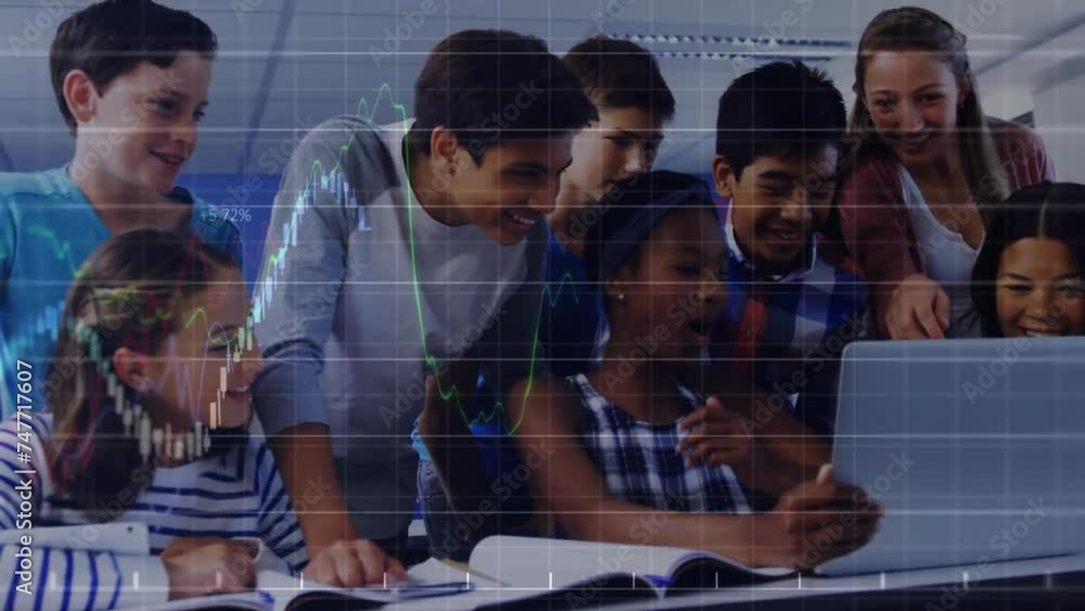 Poster animation of financial data processing diverse students in classroom