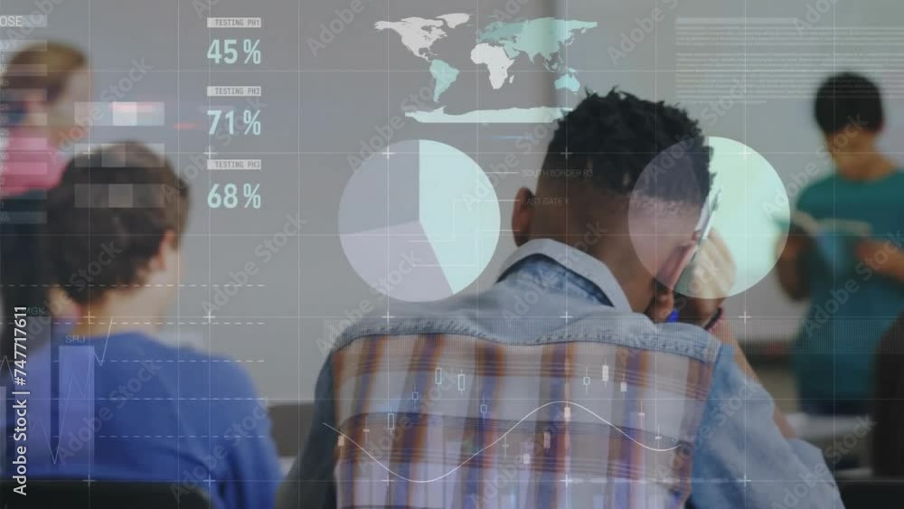 Aufkleber animation of financial data processing diverse students in classroom
