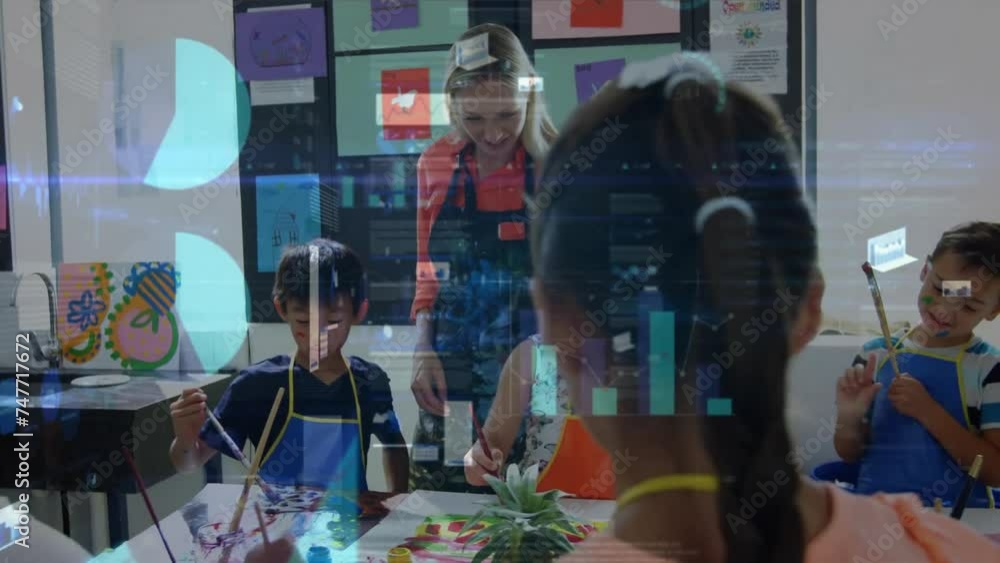 Poster animation of financial data processing diverse students in classroom