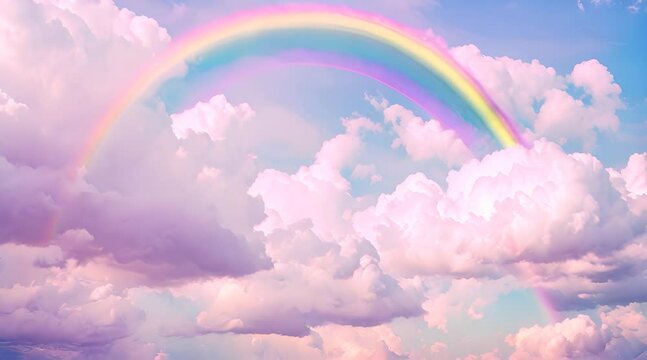 Pastel clouds with beautiful rainbow. Holographic fantasy rainbow unicorn background with clouds. Pastel color sky. Magical landscape, abstract fabulous pattern.