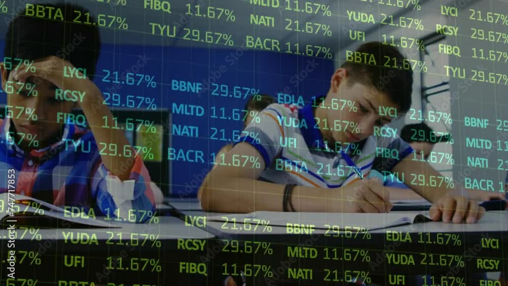 Poster animation of financial data processing diverse students in classroom