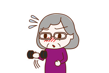 （上半身斜め）ダンベルで腕の筋肉を鍛えて辛くなっても頑張る高齢の女性