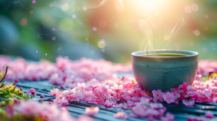 Organic green matcha tea Healthy drink. Traditional Japanese drink a steaming cup of matcha tea against the backdrop of a cherry blossom-blooming garden. - obrazy, fototapety, plakaty