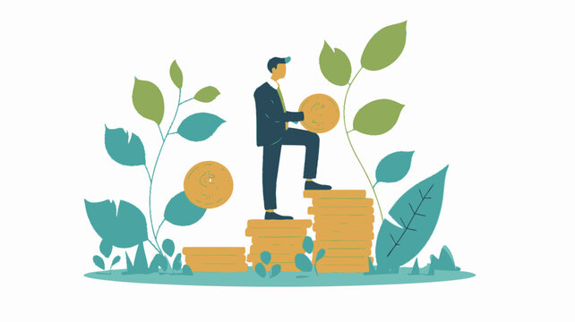 man with plant and money on the stacks, in the style of simple, colorful illustrations, animated illustrations, caffenol developing