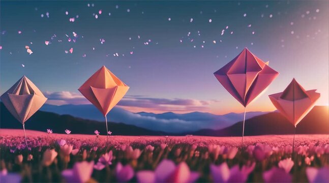 Artistic origami heart-shaped balloons rising above a flower field during a serene twilight.
