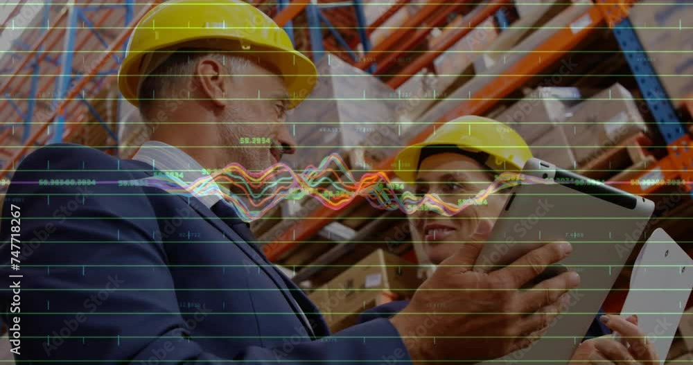 Poster animation of financial data processing diverse business people using tablet