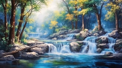 Fototapeta na wymiar A waterfall in a gorgeously fantastic landscape