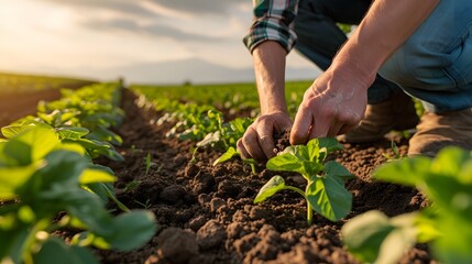 Fototapeta premium Farmer examining young green pepper plants in the field at sunset.