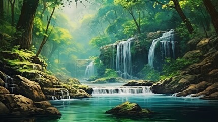 Fototapeta premium A waterfall in a gorgeously fantastic landscape