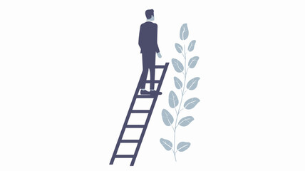 silhouette of young man on ladder as he is walking up a ladder of success and achieve his goals, in the style of dark navy and light azure, white background, kodak ektachrome, aggressive digital illus