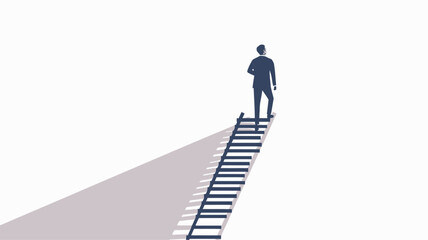 silhouette of young man on ladder as he is walking up a ladder of success and achieve his goals, in the style of dark navy and light azure, white background, kodak ektachrome, aggressive digital illus