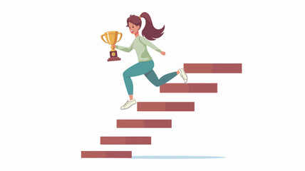 successful business woman reaches the last tier of the stairs winning the trophy, in the style of firecore, reductionist form, juxtapositions extraordinaire,