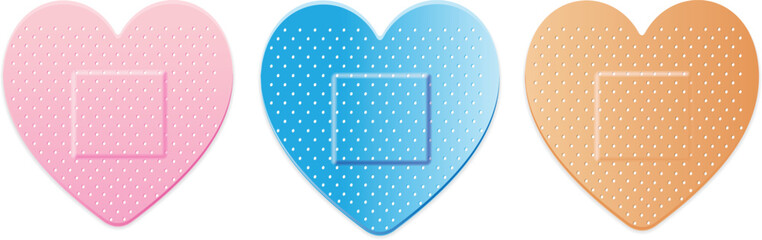 Band aid Plaster Strip Medical Patch Heart. Pink, blue and classic fabric colours. Vector illustration