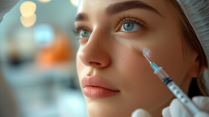 Aesthetic medicine in action, with a professional performing a facial injection on a patient for cosmetic enhancement.