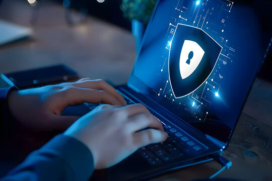 Cyber security, information safety and encryption concept. internet technology and business concept,  persons using laptop computer with a security shield on it, generative ai
