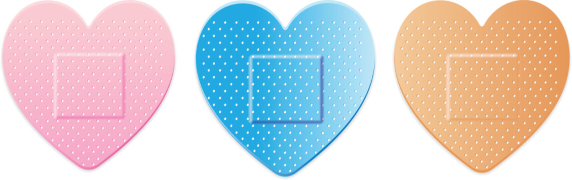 Band aid Plaster Strip Medical Patch Heart. Pink, blue and classic fabric colours. Vector illustration