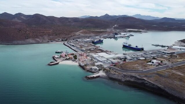 Playa Pichilingue beach and Puerto Marquez port, Baja California, La Paz in Mexico. Aerial orbiting