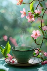 Fototapeta na wymiar Organic green matcha tea Healthy drink. Traditional Japanese drink a steaming cup of matcha tea against the backdrop of a cherry blossom-blooming garden.