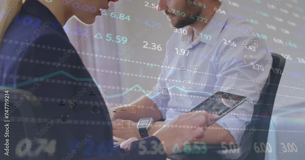 Poster animation of financial data processing diverse business people using tablet