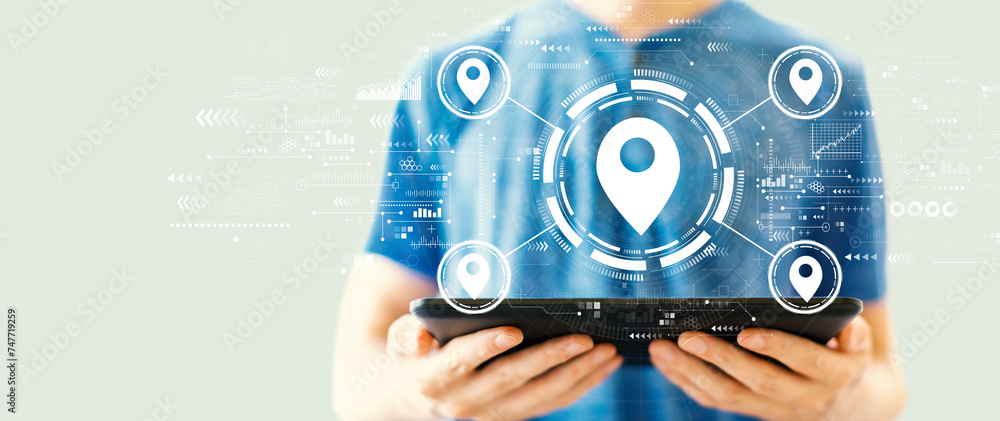 Poster map pin concept with young man using a tablet computer